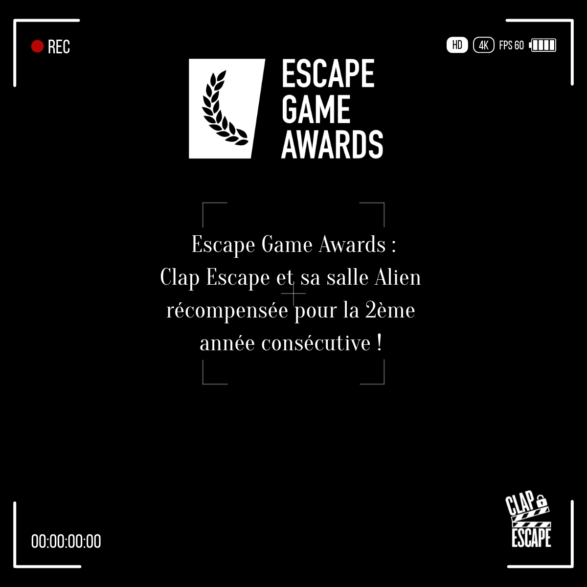 Clap Escape confirme son statut parmi les meilleurs escape games de Lyon et d'AURA : la salle Alien sacrée Meilleure Salle 2025 et 2026 aux Escape Game Awards.